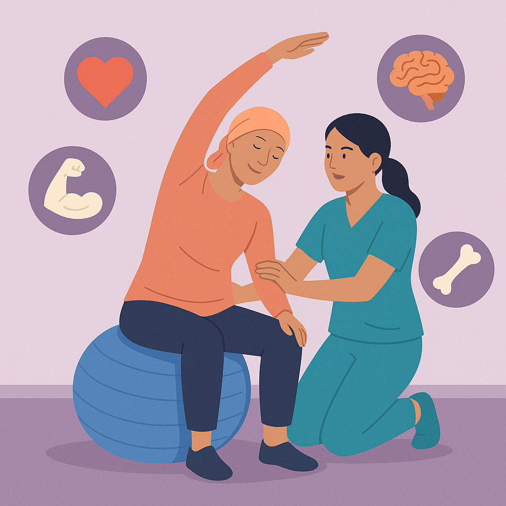  Mujer con cáncer haciendo ejercicios adaptados con apoyo profesional y beneficios visibles. 