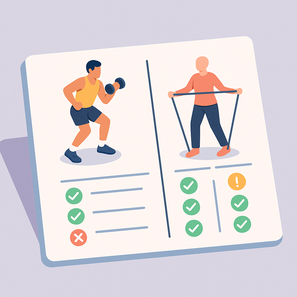 Comparativa entre ejercicio tradicional intenso y entrenamiento adaptado con beneficios y riesgos.