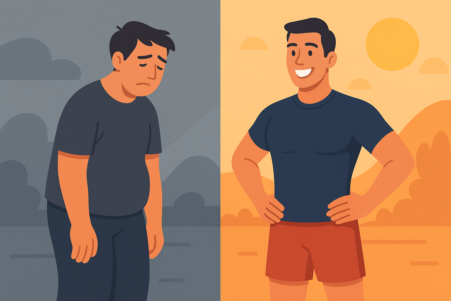 Transformación visual de una persona de agotada a saludable gracias al entrenamiento personalizado.