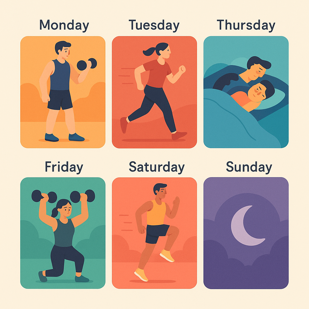  Ilustración de rutina semanal con distintos tipos de entrenamiento y recuperación.