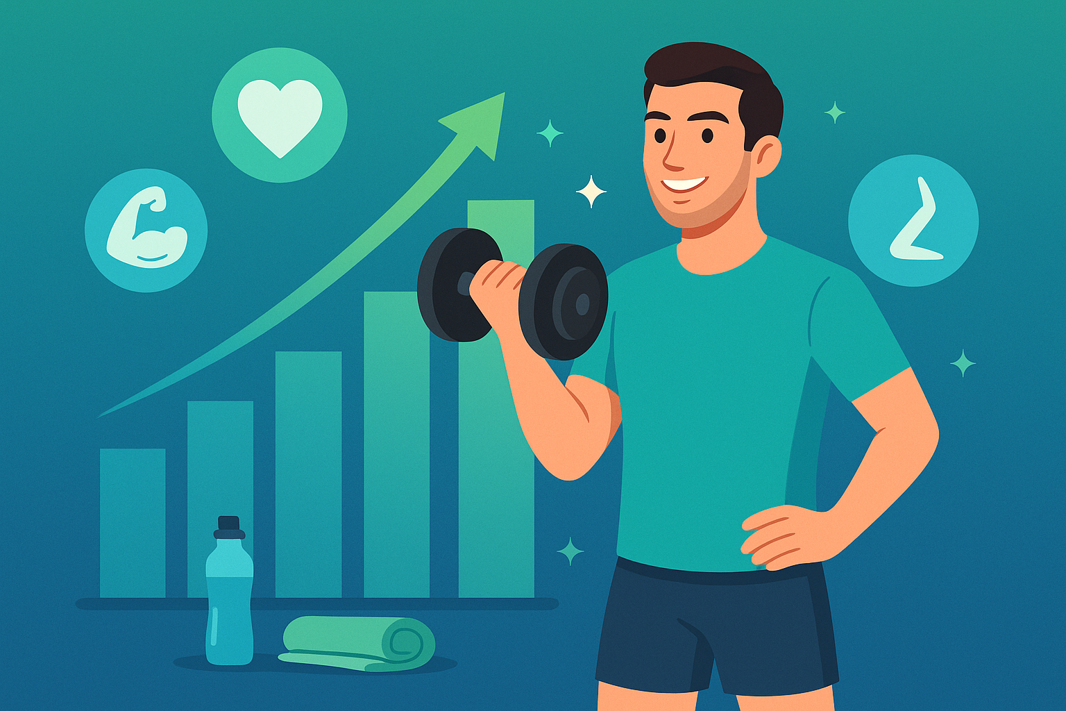 Persona entrenando mientras se visualiza su progreso físico y de salud en indicadores.