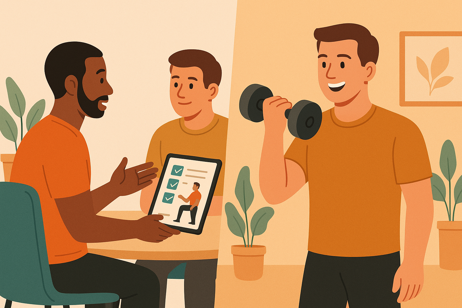 Entrenador diseñando un plan personalizado y persona ejecutándolo con motivación.