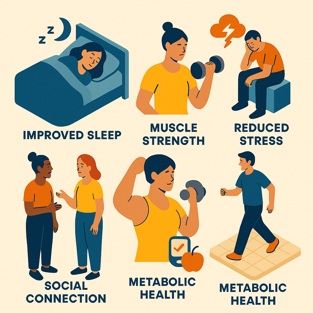 Beneficios del ejercicio ilustrados: sueño, ánimo, fuerza, comunidad y salud crónica.