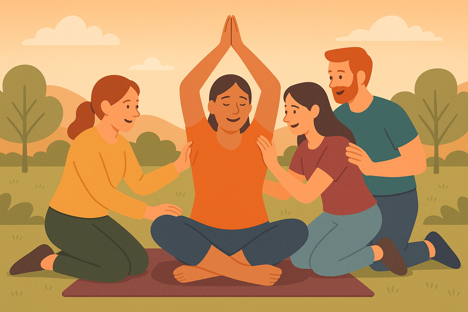 Grupo de personas apoyándose mutuamente durante una sesión de ejercicio colectivo.