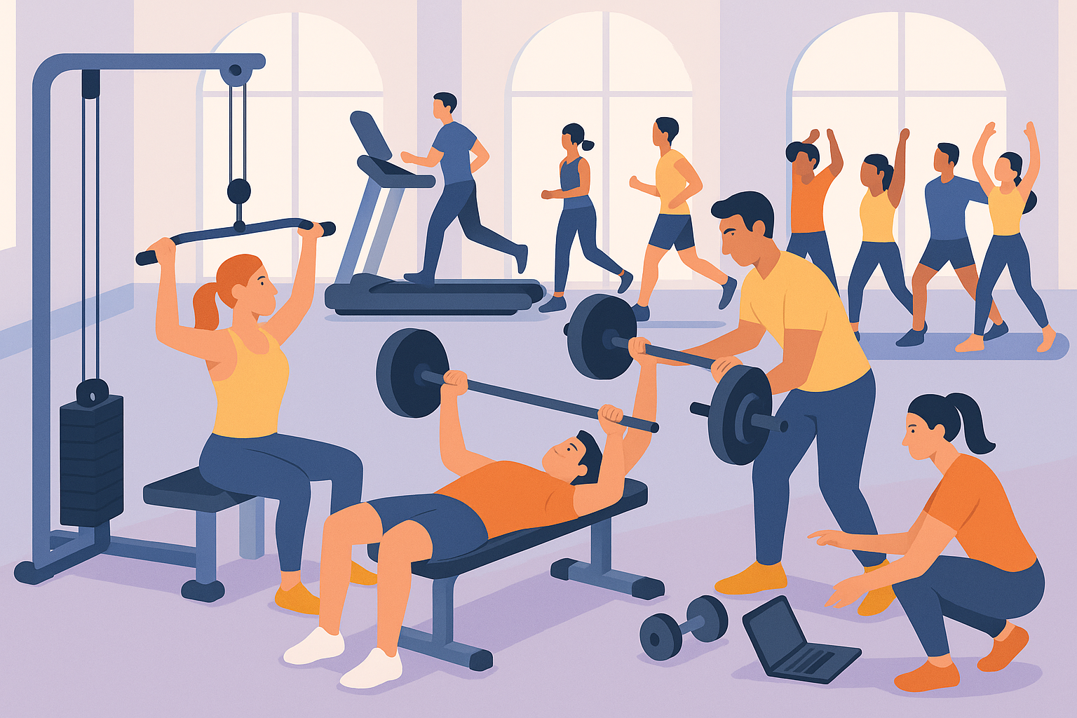 Personas entrenando en gimnasio con máquinas, clases colectivas y monitoreo.