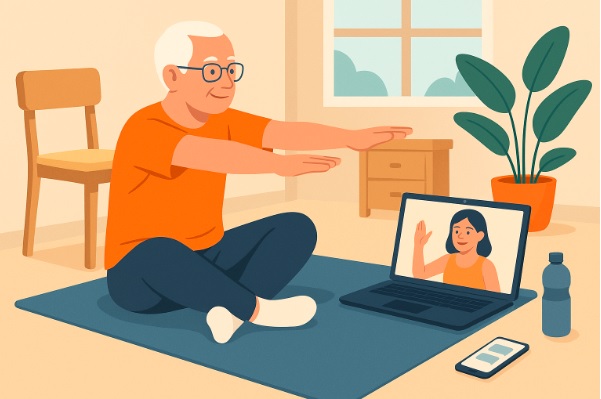 Persona entrenando en casa con guía online personalizada desde un portátil.