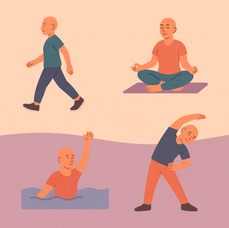 Personas practicando ejercicios suaves y adaptados durante el tratamiento contra el cáncer.