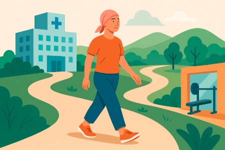 Persona en tratamiento oncológico caminando con determinación entre salud, naturaleza y actividad física.