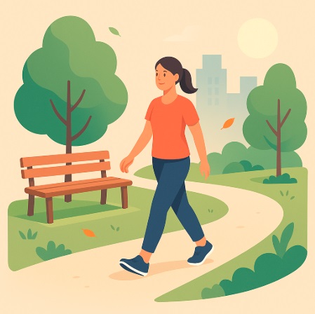 Persona caminando en un entorno tranquilo con árboles y bancos, estilo sereno.