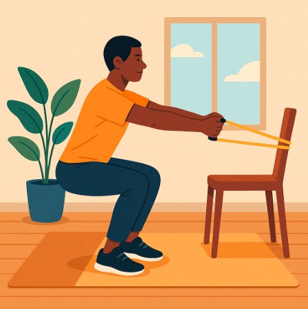 Ejercicio adaptado en casa con bandas elásticas, entorno doméstico y tranquilo.