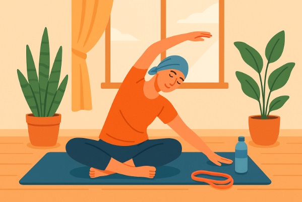 Mujer con pañuelo haciendo estiramientos en casa con luz natural y ambiente relajado.