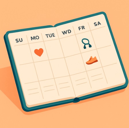 Calendario con rutina física combinada de caminata y entrenamiento adaptado.