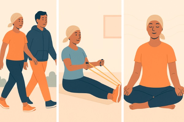 Tres ejercicios oncológicos: caminata, banda elástica y respiración profunda.