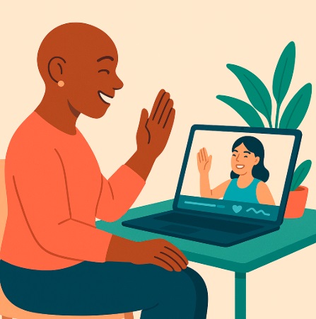 Paciente oncológica haciendo ejercicio virtual guiado con entrenadora desde casa.