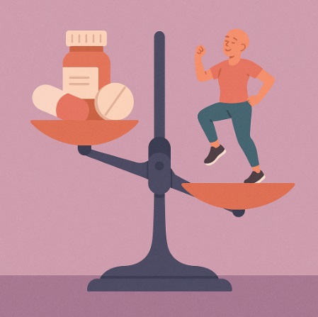 Balanza simbólica con medicina en un lado y ejercicio como complemento en el otro.