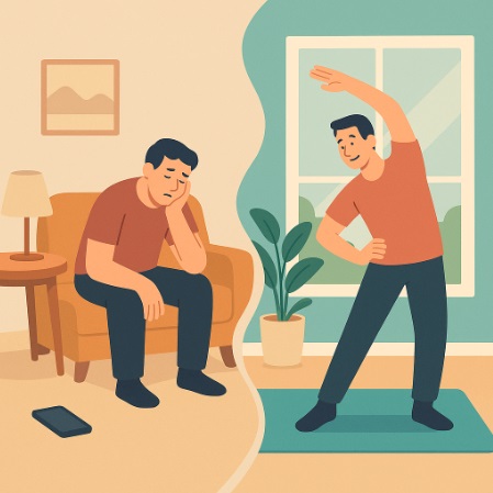 Progreso de una persona desde el sedentarismo hacia la actividad saludable en casa.