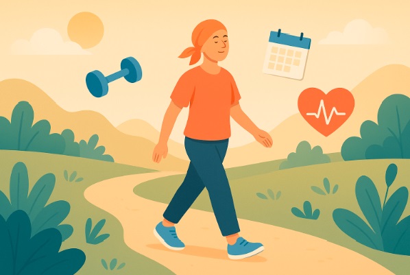 Persona en tratamiento caminando con serenidad entre símbolos de salud y bienestar.