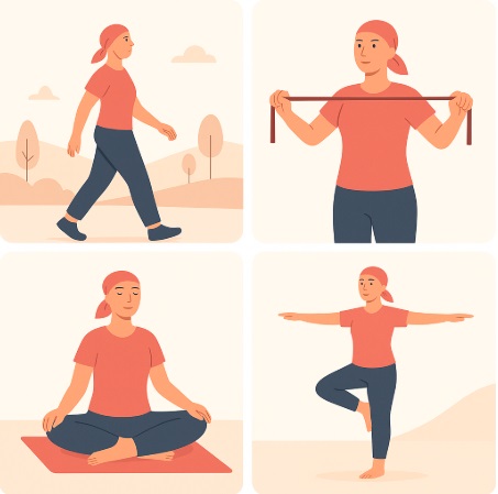 Ilustraciones de ejercicios suaves recomendados durante la quimioterapia.