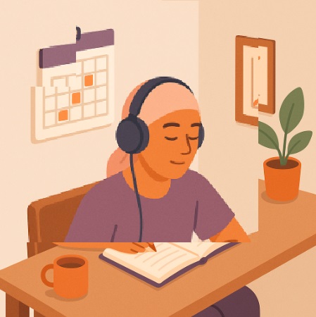 Persona con auriculares escribe en un diario de ejercicio en un ambiente sereno.