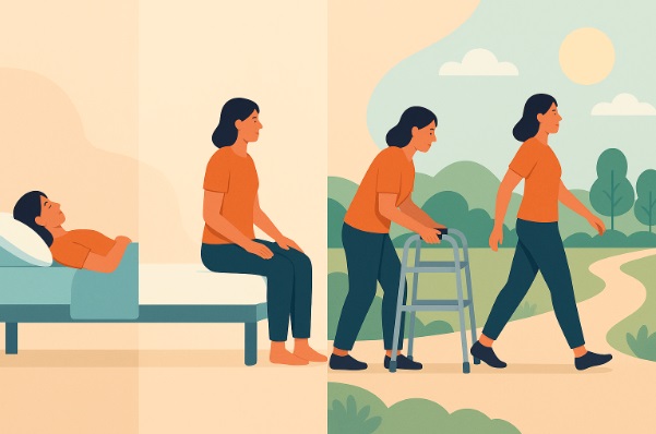 Persona progresando desde el reposo hasta caminar activamente en un entorno saludable.