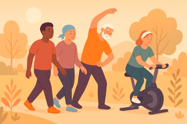  Personas diversas realizando ejercicio suave en grupo, mostrando apoyo y bienestar.