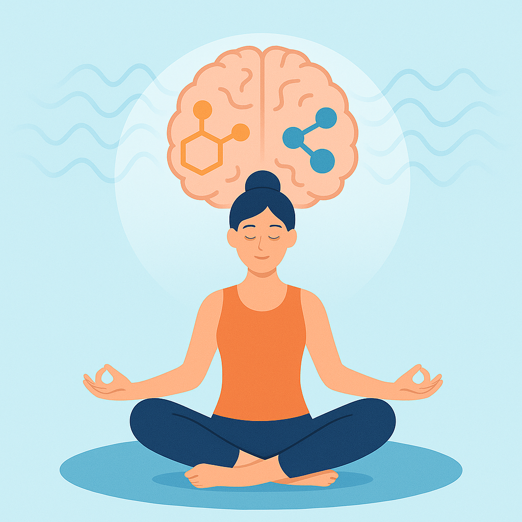 Figura en yoga con representación simbólica de neurotransmisores en el cerebro.