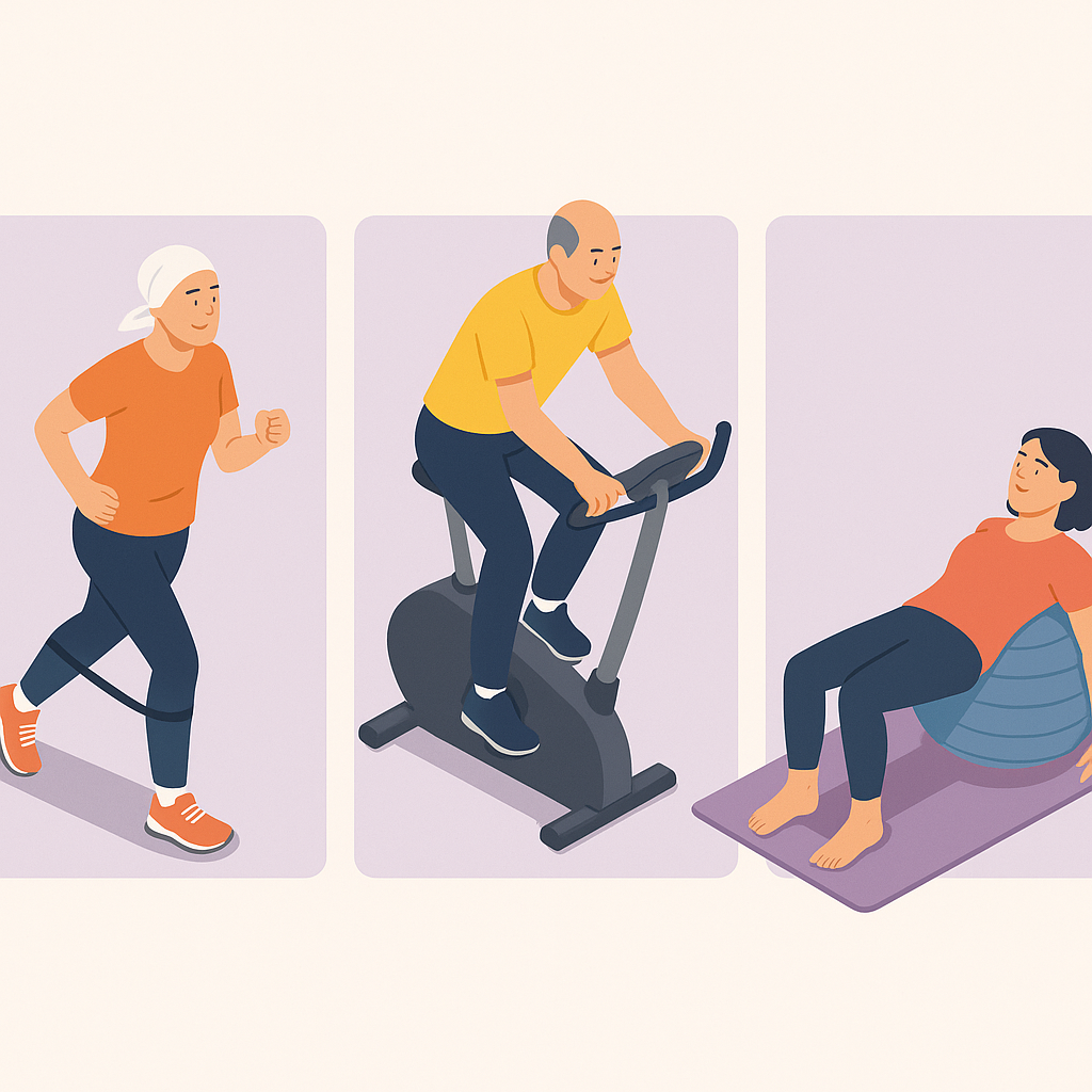  Personas oncológicas realizando ejercicios adaptados como pilates bici estática y banda elástica.
