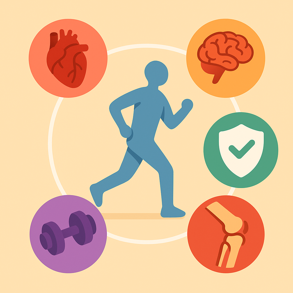  Beneficios del ejercicio para pacientes oncológicos representados con íconos de salud y cuerpo activo.