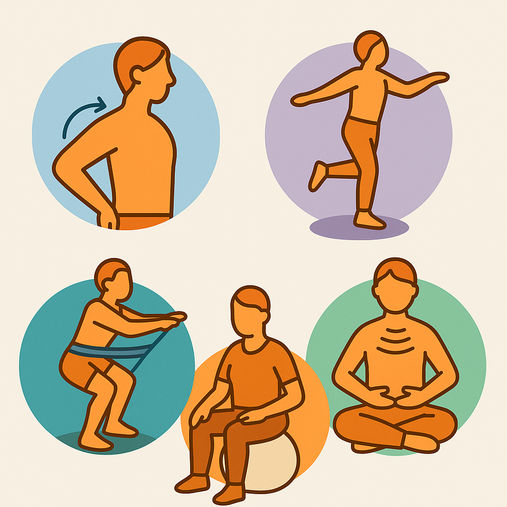 Representación visual de diferentes tipos de ejercicios terapéuticos utilizados en fisioterapia.