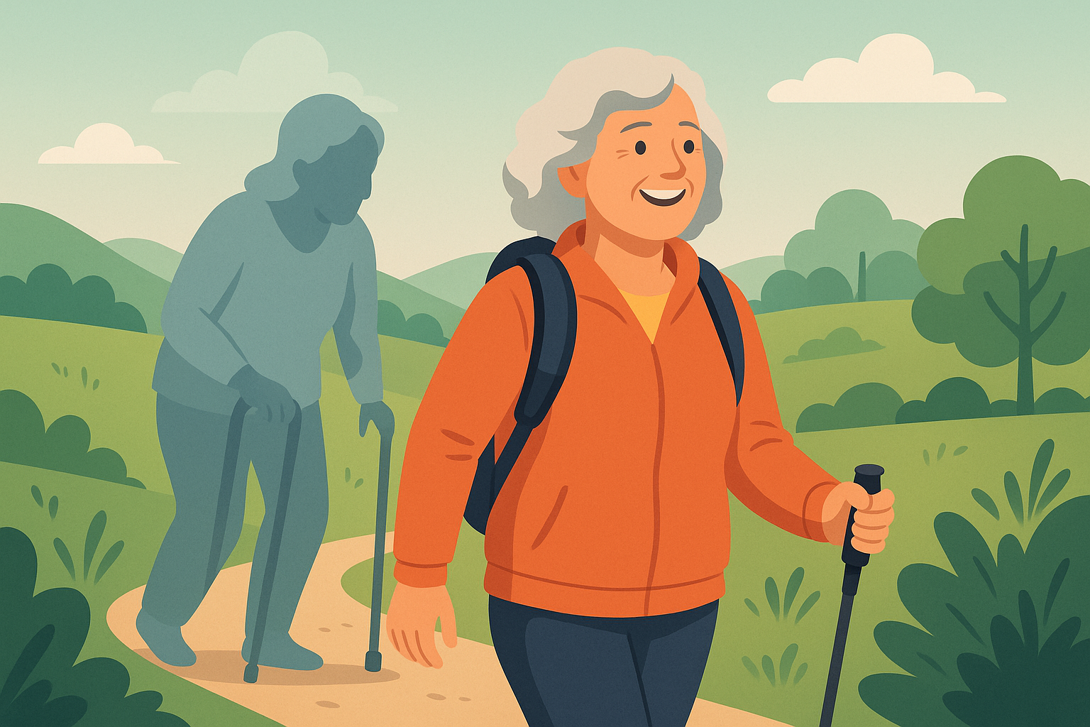Mujer mayor caminando sola con confianza tras proceso de rehabilitación.