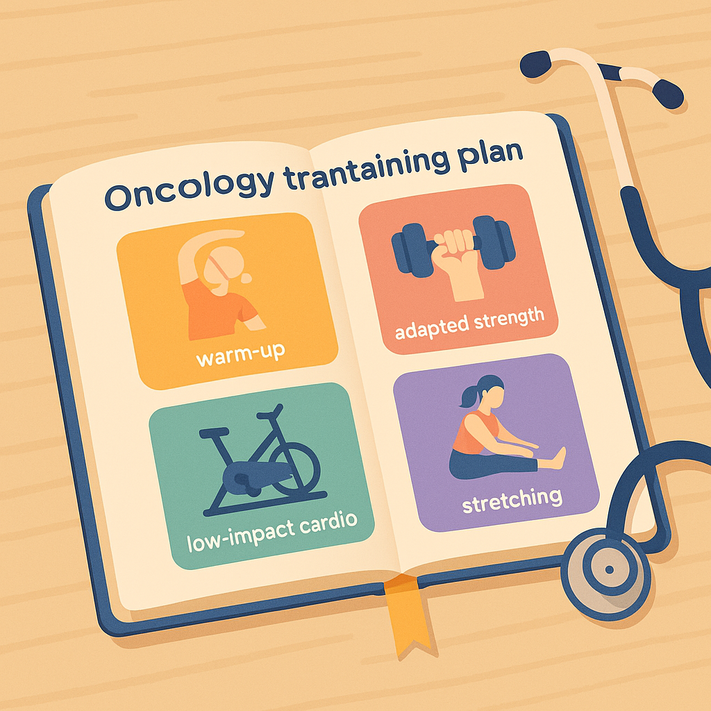  Plan de entrenamiento oncológico con ejercicios adaptados y elementos médicos en una mesa

