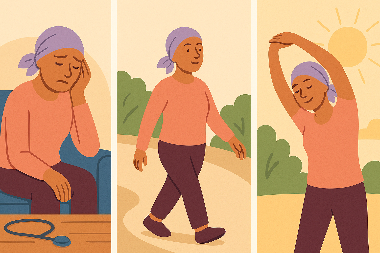 Proceso visual de mejora física de una paciente con cáncer tras sesiones adaptadas de ejercicio