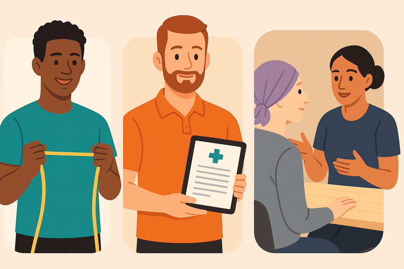Tres entrenadores personales con diferentes enfoques y herramientas adaptadas para pacientes oncológicos