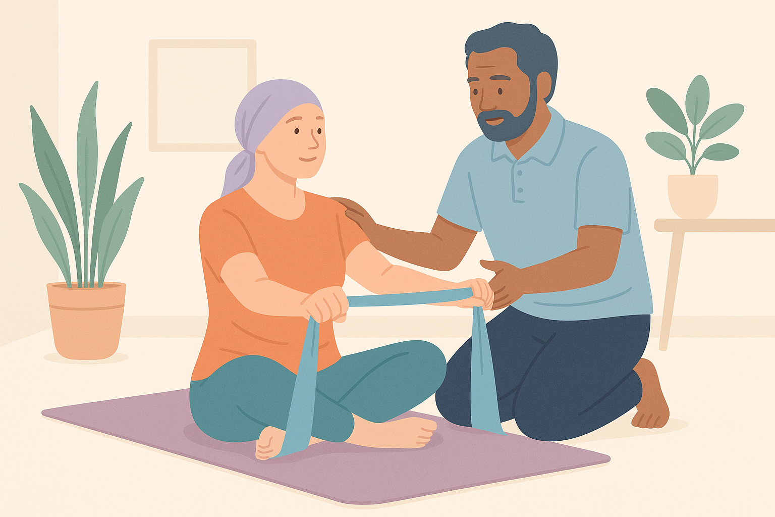  Paciente y fisioterapeuta conversando sobre ejercicios con banda elástica en un espacio acogedor.