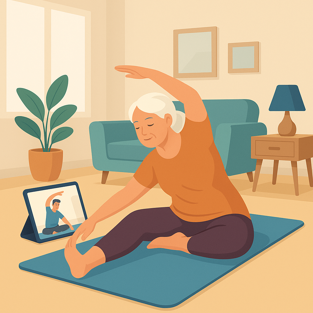 Mujer mayor entrenando desde casa guiada por tablet en sesión online de ejercicio adaptado.