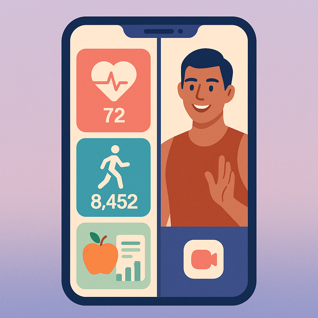 Pantalla de móvil con apps de salud activas y videollamada con entrenador personal.