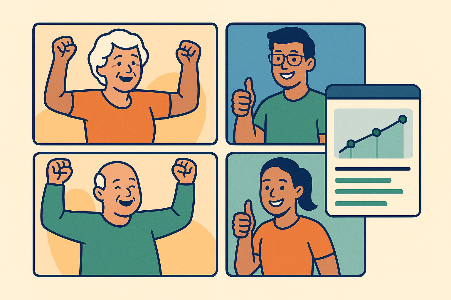 Personas celebrando sus logros de salud en videollamada grupal de entrenamiento online.