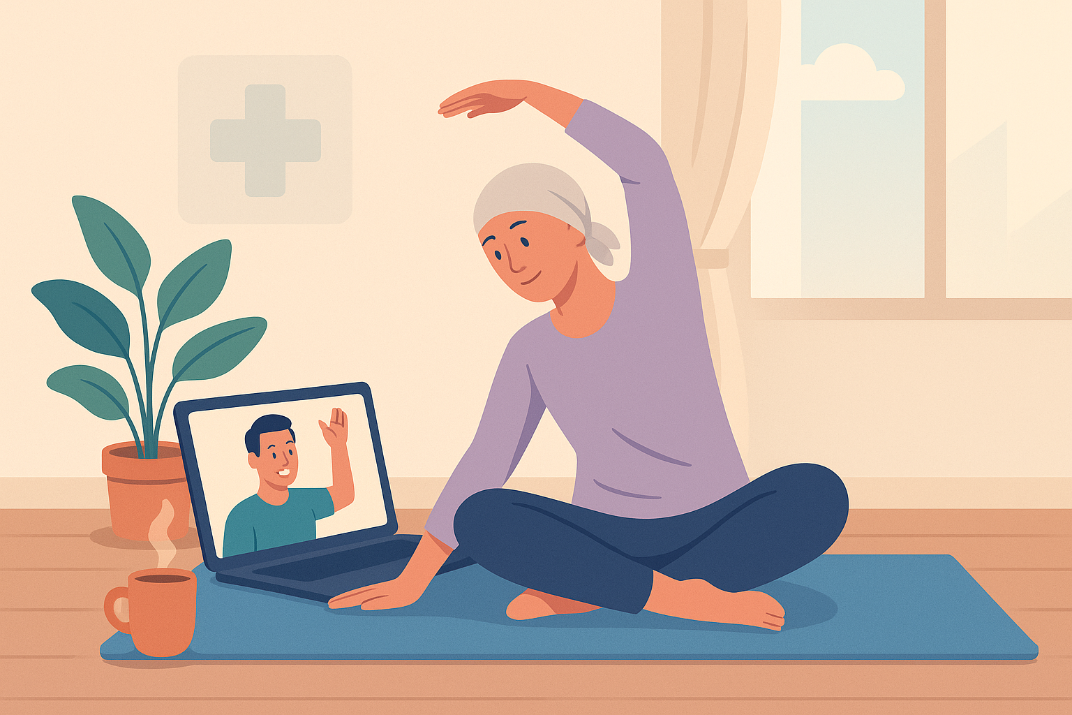 Persona con cáncer haciendo ejercicio suave en casa con entrenador online en pantalla.