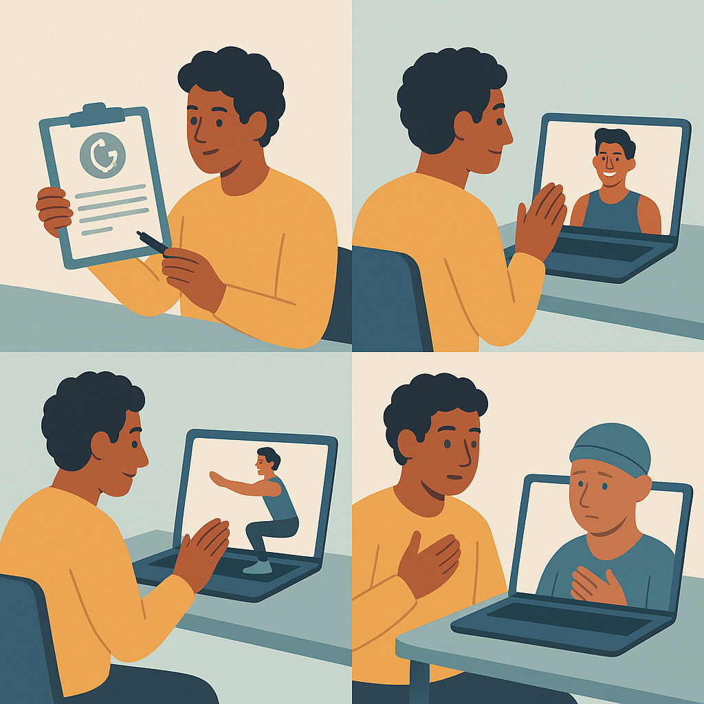  Cuatro viñetas que muestran funciones del entrenador personal oncológico online.