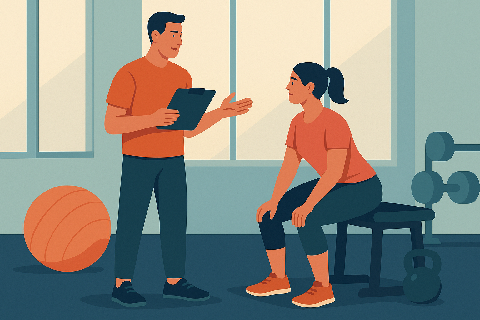 Entrenador hablando con una alumna sentada en gimnasio durante evaluación inicial.