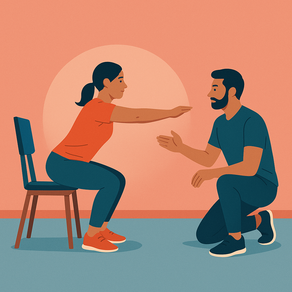  Alumna haciendo sentadilla asistida mientras el entrenador guía su postura.