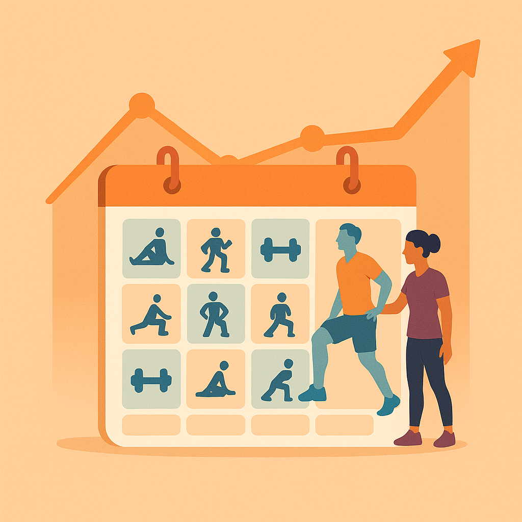 Calendario de entrenamiento con planificación variada y gráfico de progreso saludable.