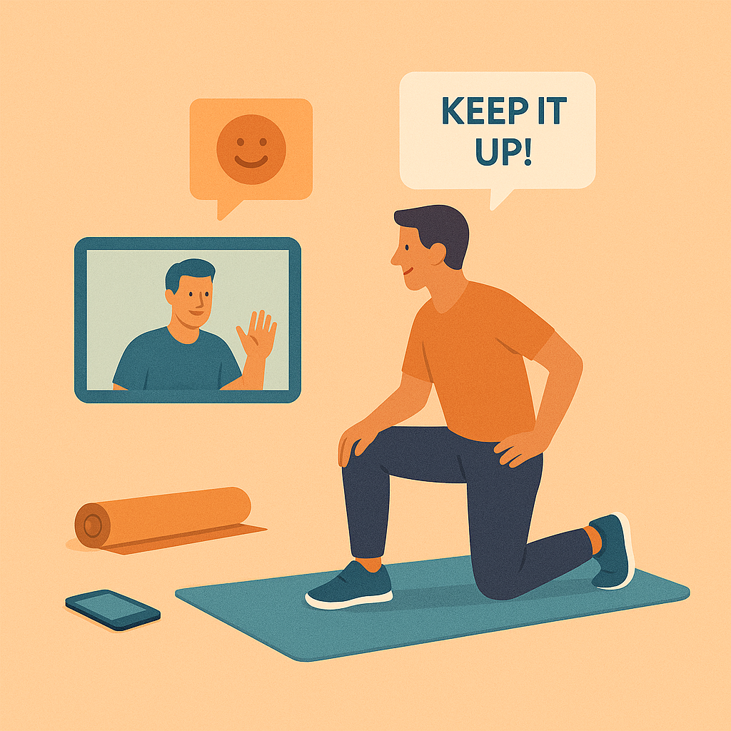 Sesión virtual de entrenamiento con conexión cercana entre entrenador y cliente desde casa.