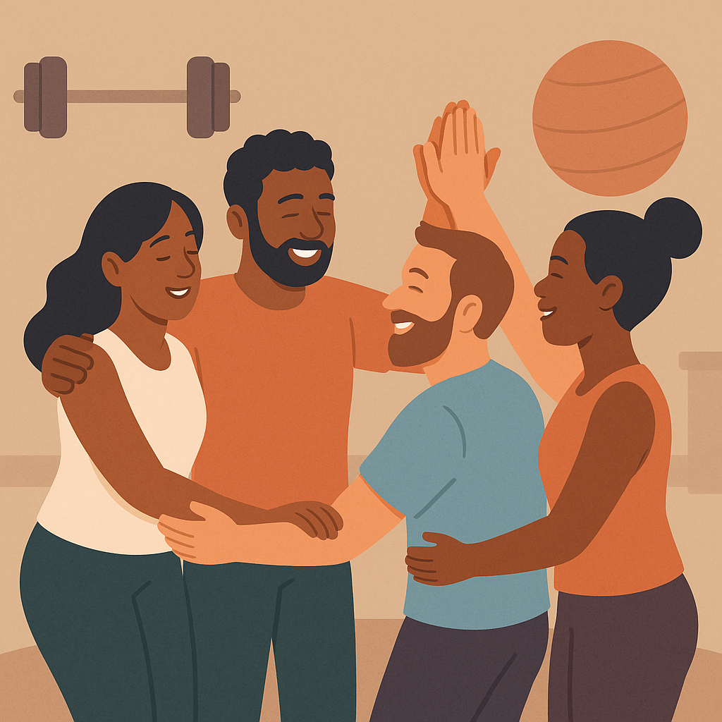Grupo diverso de personas celebrando sus avances juntos en un espacio de entrenamiento emocional.