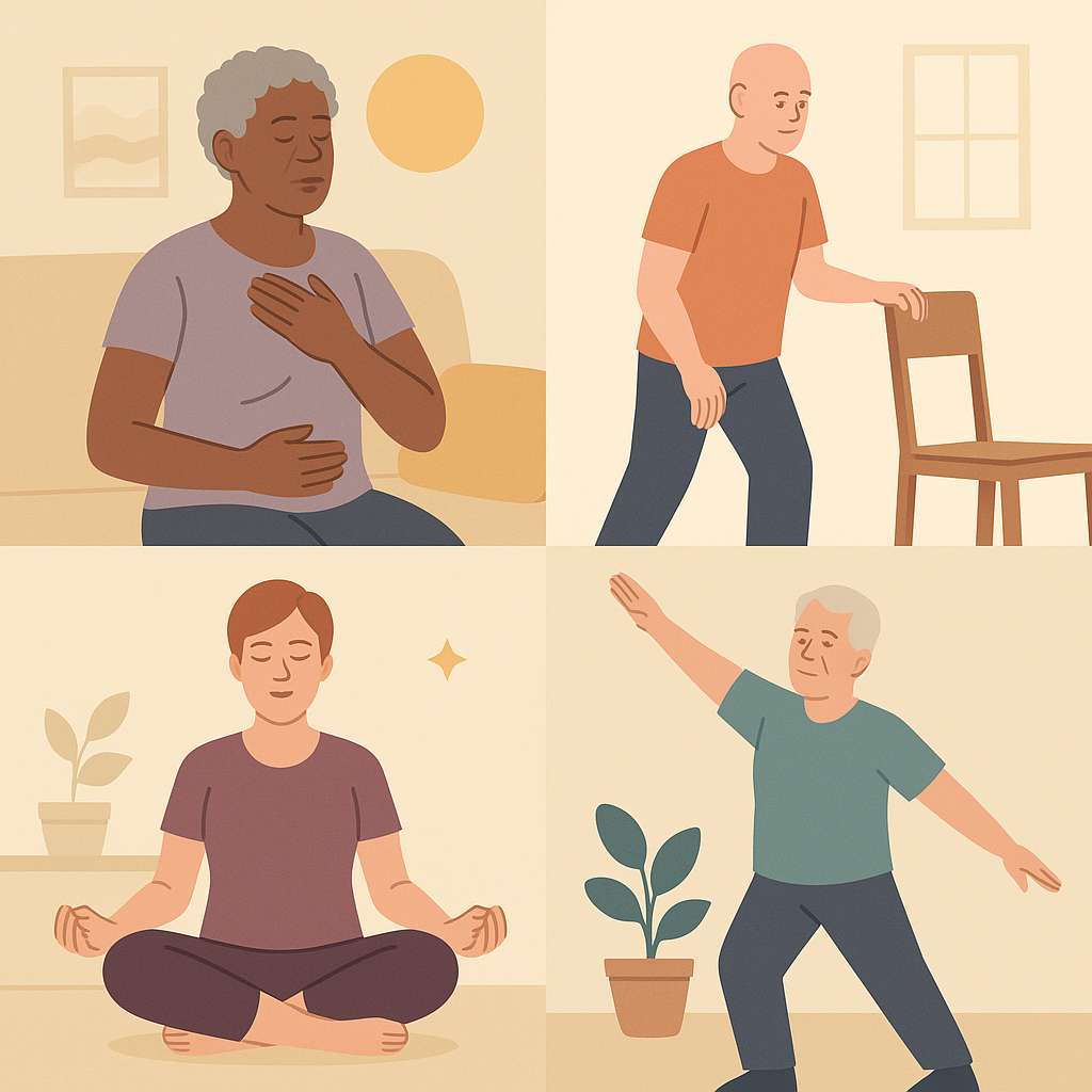 Personas diversas realizando ejercicios oncológicos adaptados en casa
