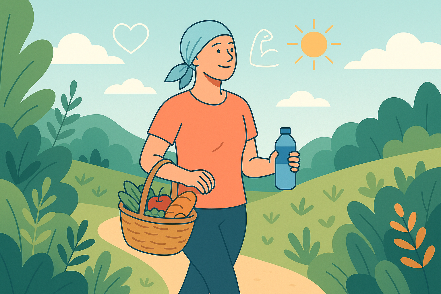 Persona caminando con alimentos saludables y botella de agua en un entorno natural.