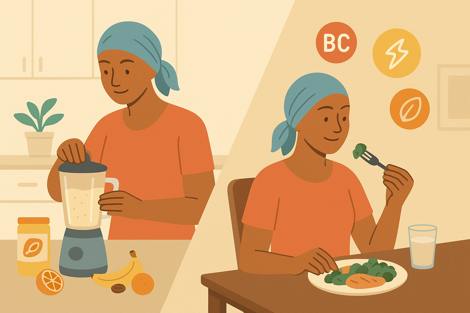 Mujer con pañuelo oncológico preparando y disfrutando una comida nutritiva en casa.
