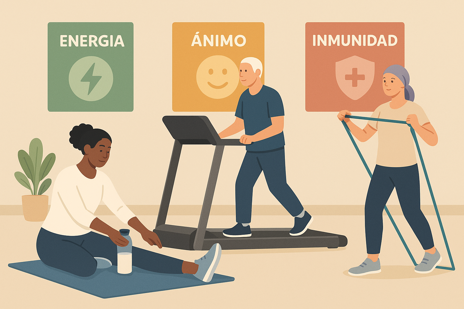 Personas haciendo ejercicio adaptado en un espacio tranquilo con beneficios destacados al fondo.

