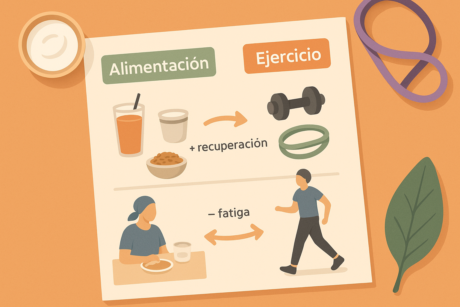 Vista superior de hoja dividida entre alimentación y ejercicio con íconos que muestran su sinergia.

