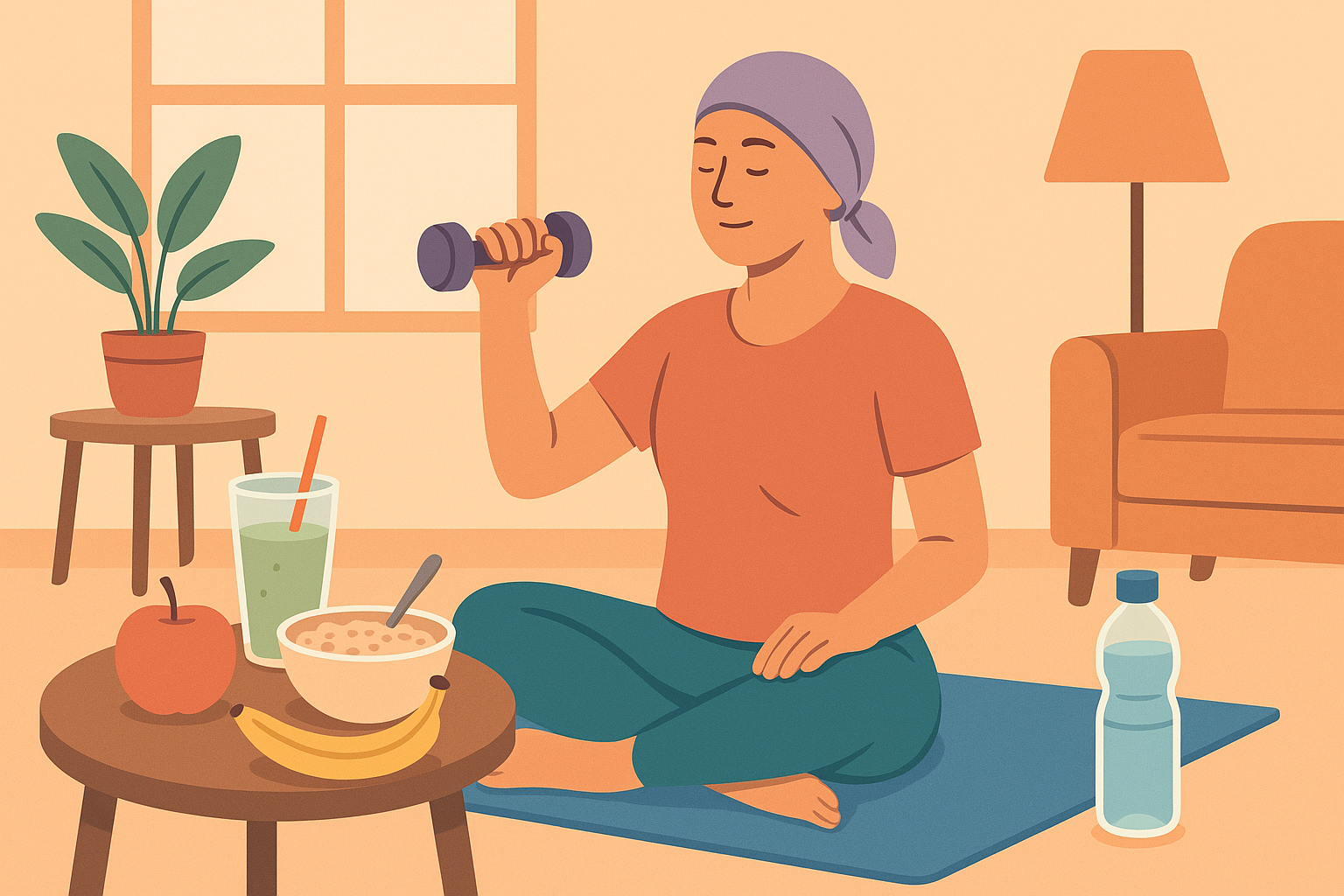 Persona con cáncer haciendo ejercicio ligero en casa con alimentos saludables alrededor